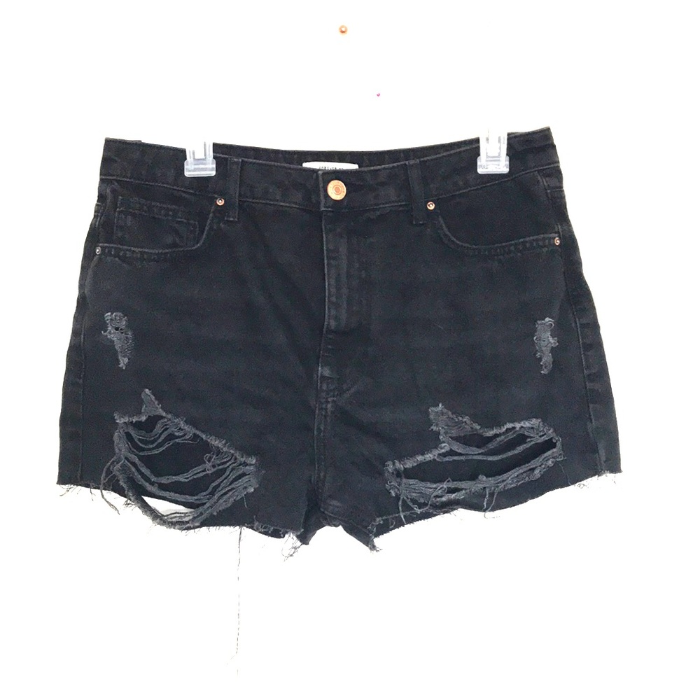 Distressed black denim shorts